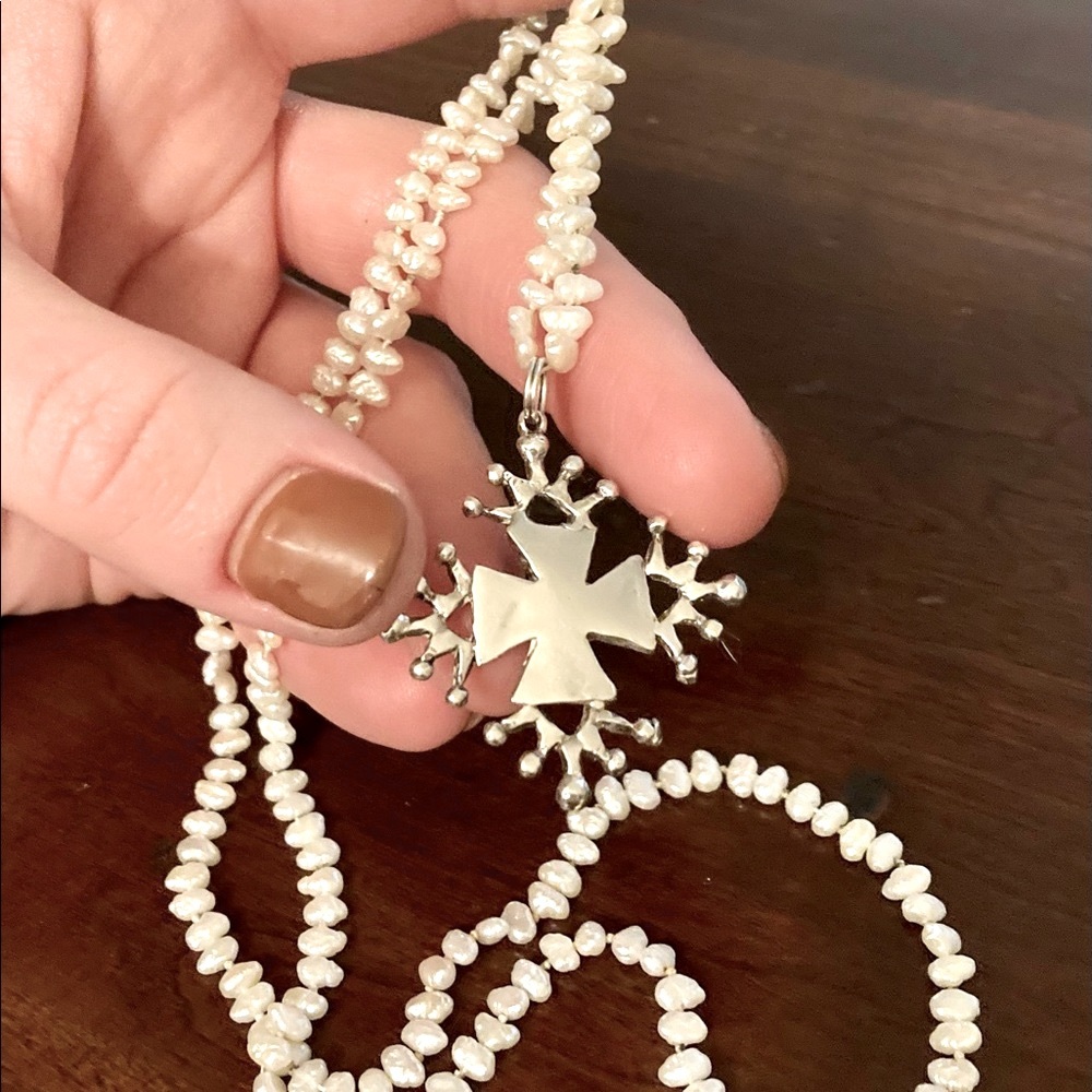 Vintage Denmark Sterling Silver 925 Marked Signed Pearl Cross Pendant Necklace